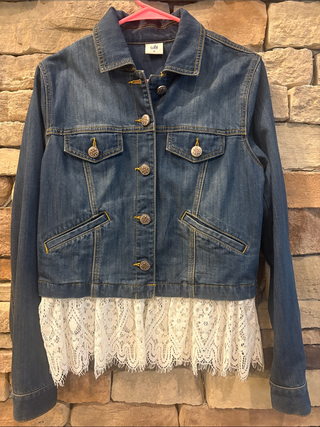 Cabi Women's Blue Denim Jacket With White Lace Hem
